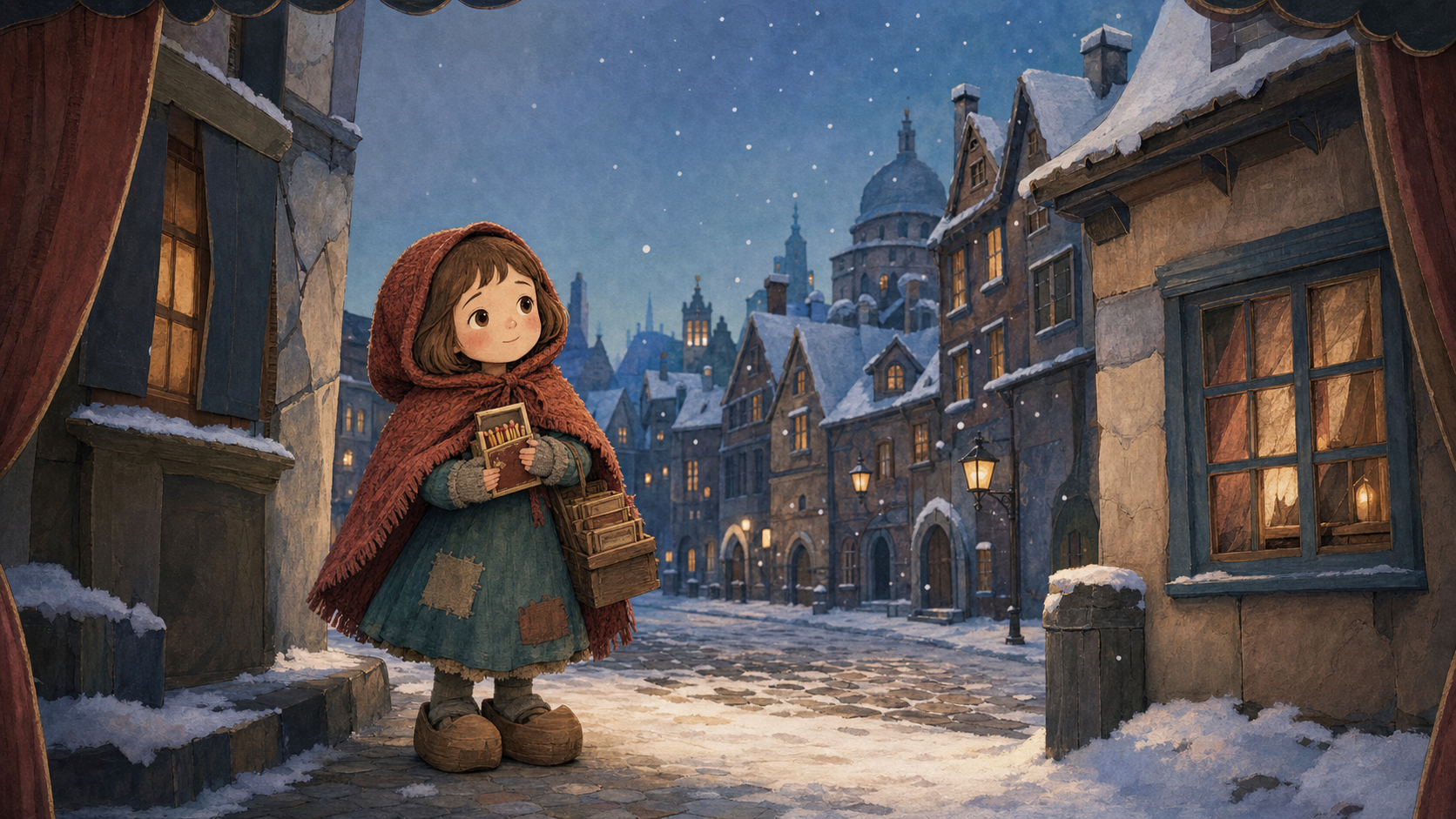 雪夜街道里抱着火柴盒的小女孩
