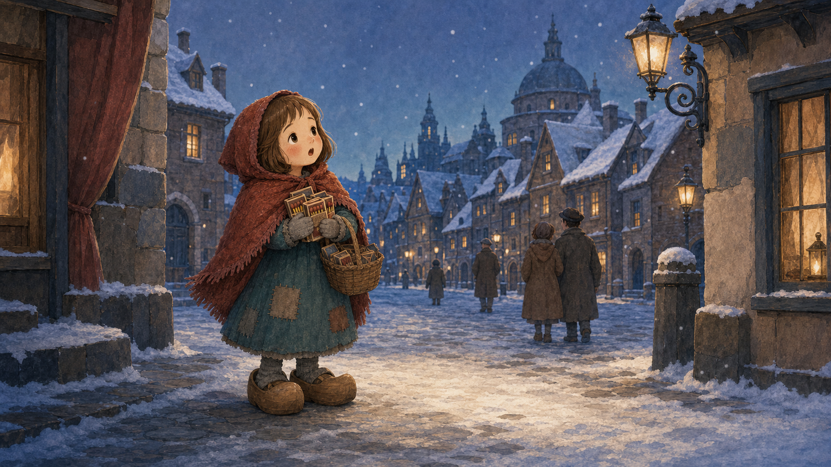 小女孩在雪夜街头叫卖火柴