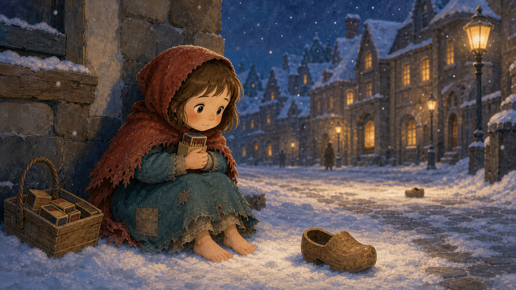 小女孩坐在雪边，一只木鞋落在雪地上